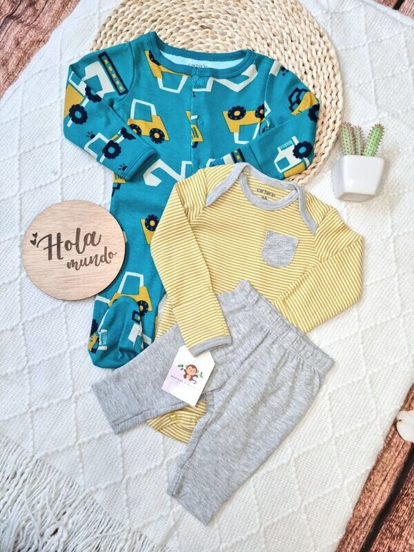 Set 3 piezas, bodysuit + monito carritos + pantalón gris, Rn