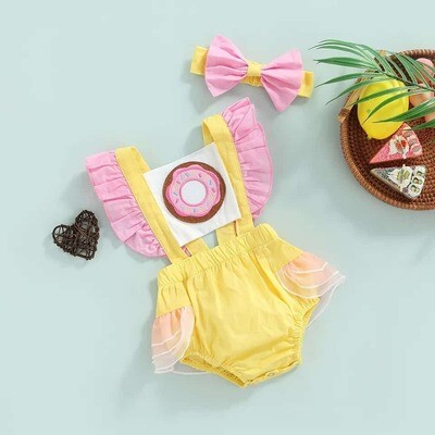 Romper amarillo detalle de Dona + cintillo, 12m y 18m