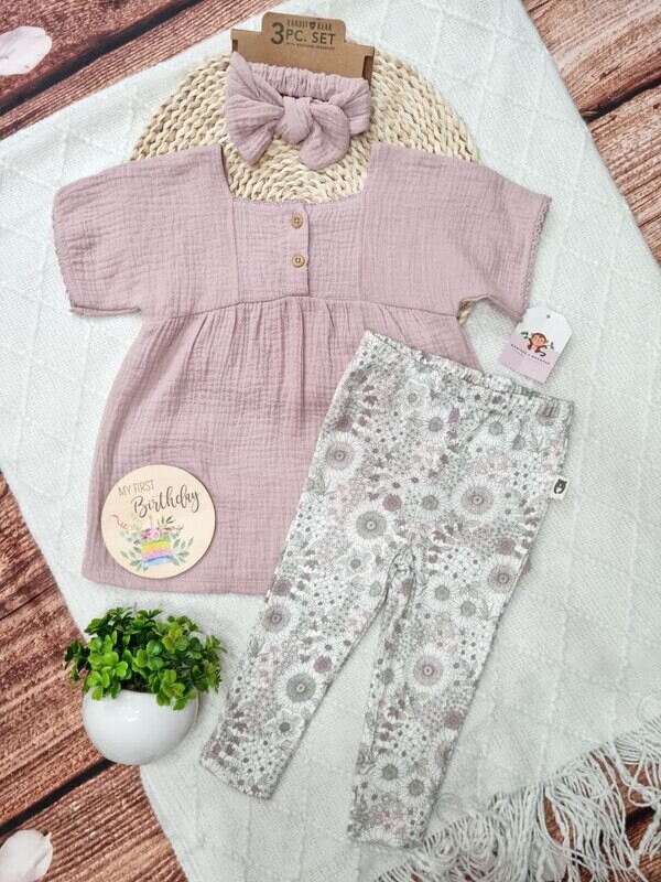 Set 3 piezas, blusa palo de rosa + leggins flores + cintillo, 12 meses