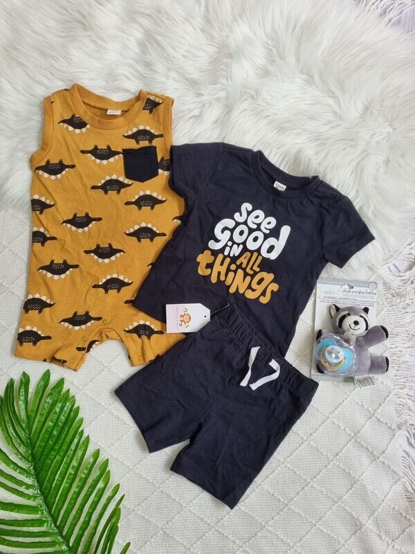 Set 3 piezas, romper dino + camiseta + bermuda, 12 meses