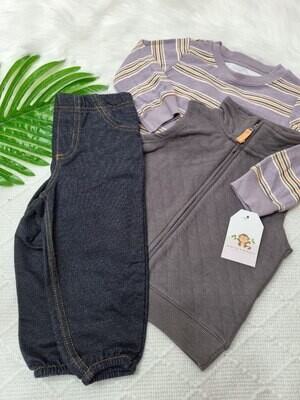 Set Carters, body de rayas + chaleco gris + pantalón denim, 18m