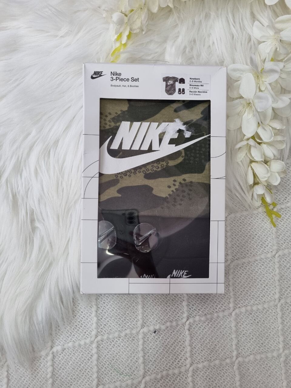 Cajita Nike, Body + gorrito + medias, estilo camuflaje, 0 a 3m
