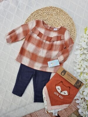 Set 2  piezas, blusita mangas largas café + leggins denim, 6m