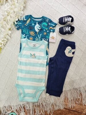 Set 3 piezas, 2 bodysuits y pantalón, 3-6m, 6-9m, osito perezoso.