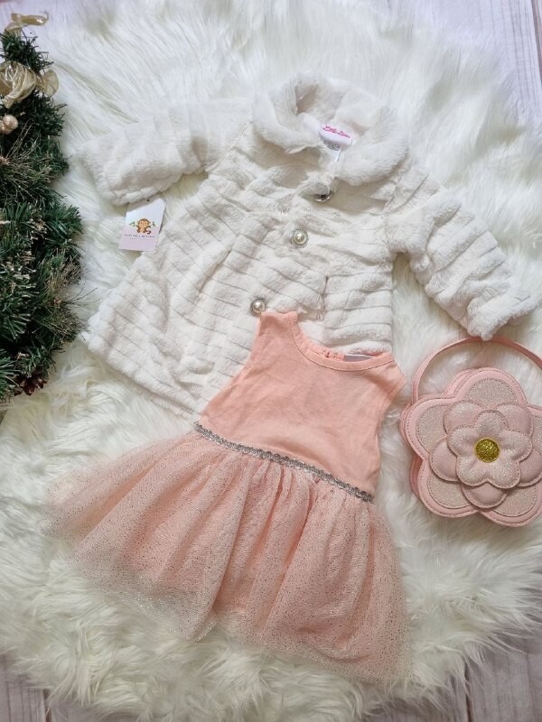 Vestido Little Lass, rosado + cintillo + abrigo largo blanco, 3/6m y 24m