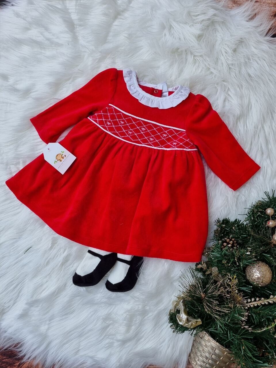 Vestido Navideño little mes + medias, 3m y 9m