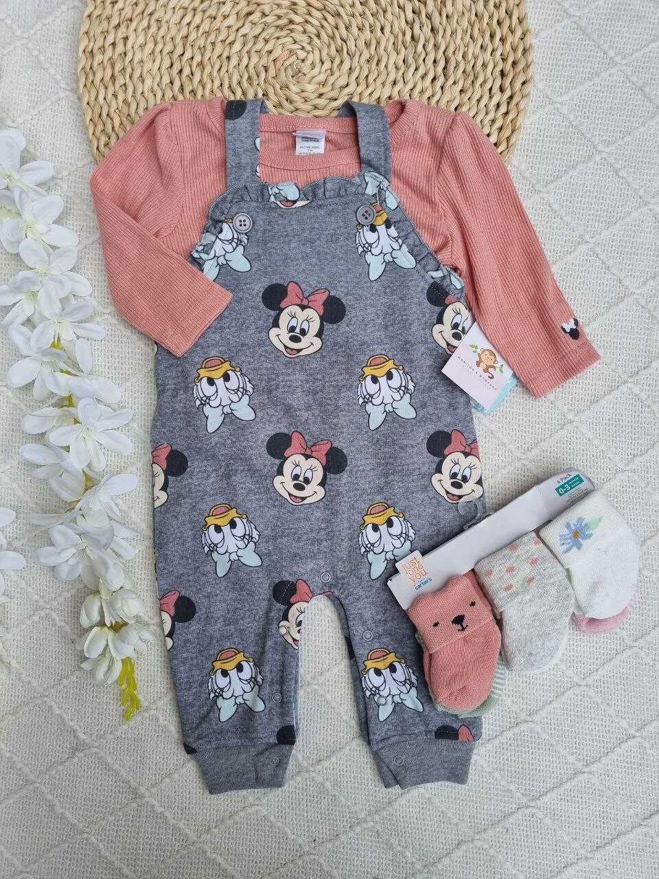Overall gris Minnie Mouse + busito coral, 3 a 6m