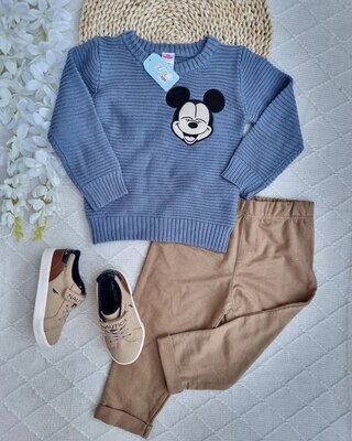 Set 2 piezas, busito tejido azul Mickey + calentador caqui, 3t