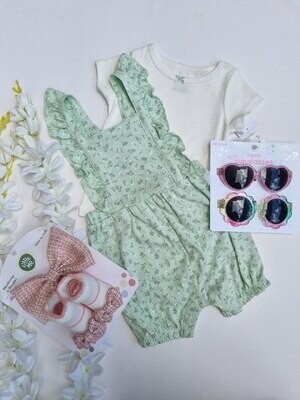 Set 3 piezas, Romper celeste flores + blusa, 9m