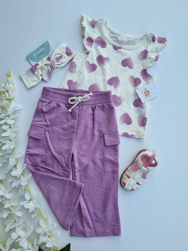 Set 3 piezas Pl Baby, blusa corazones + pantalón lila + cintillo, 24m