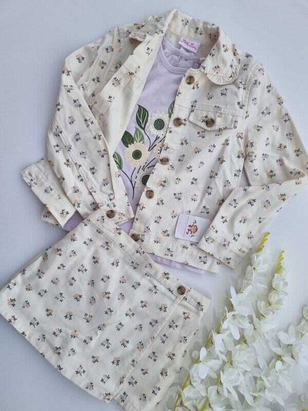 Set 3 piezas Little Lass, chaqueta flores + camiseta + falda, 6t