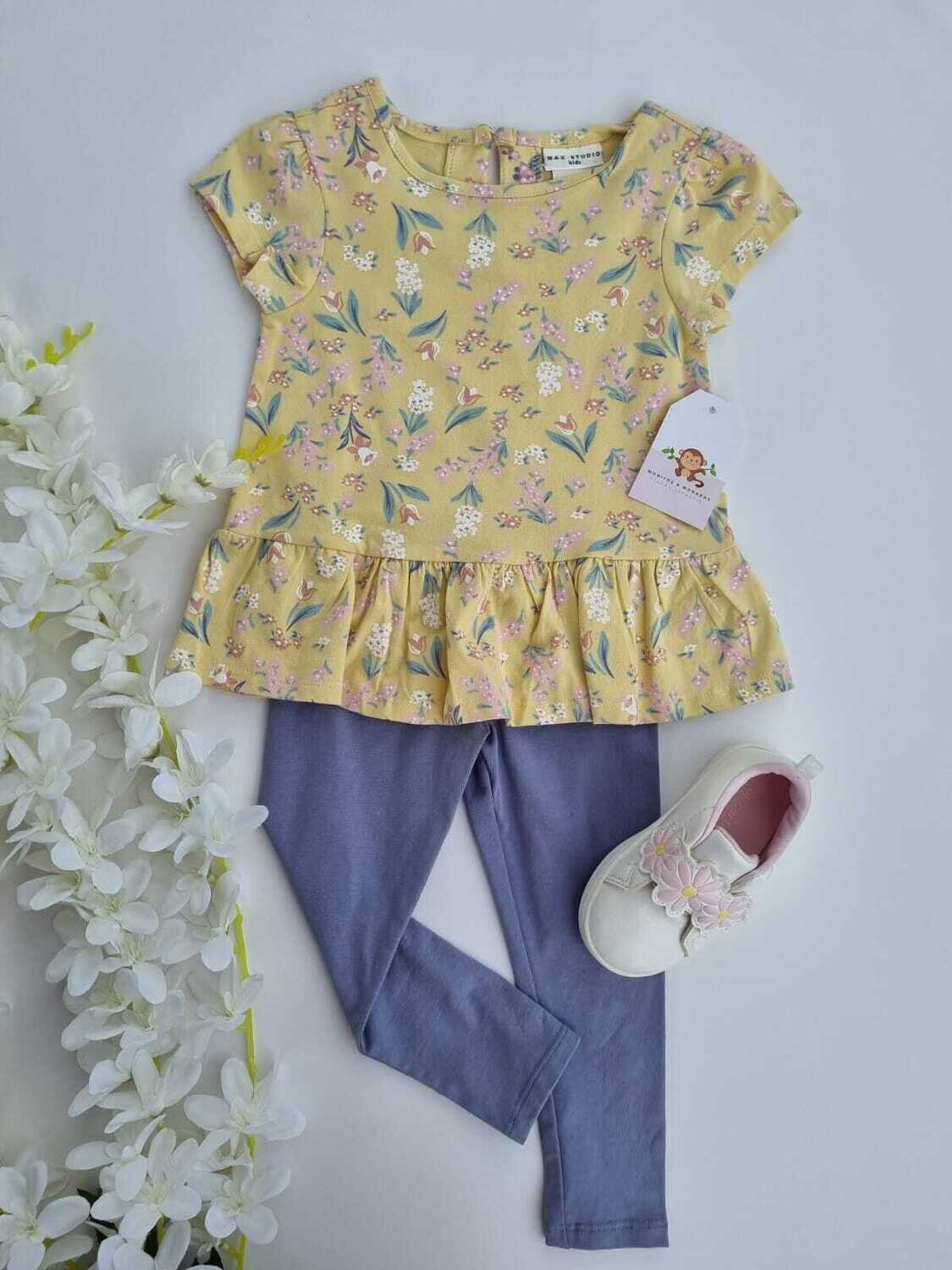 Set 2 piezas Max Studio, blusa amarilla pastel con detalles de flores + leggins azules, 18 meses
