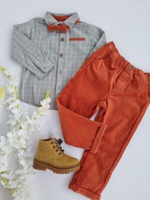 Set 3 piezas, camisa gris mangas largas + corbatín + pantalón ladrillo, Little Lad, 3T