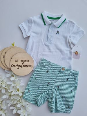 Set 2 piezas Little me, camiseta blanca + short, 12m