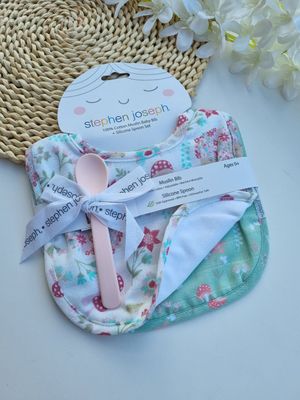 Set 2 baberos de muselina + cuchara de silicona, 100% algodón