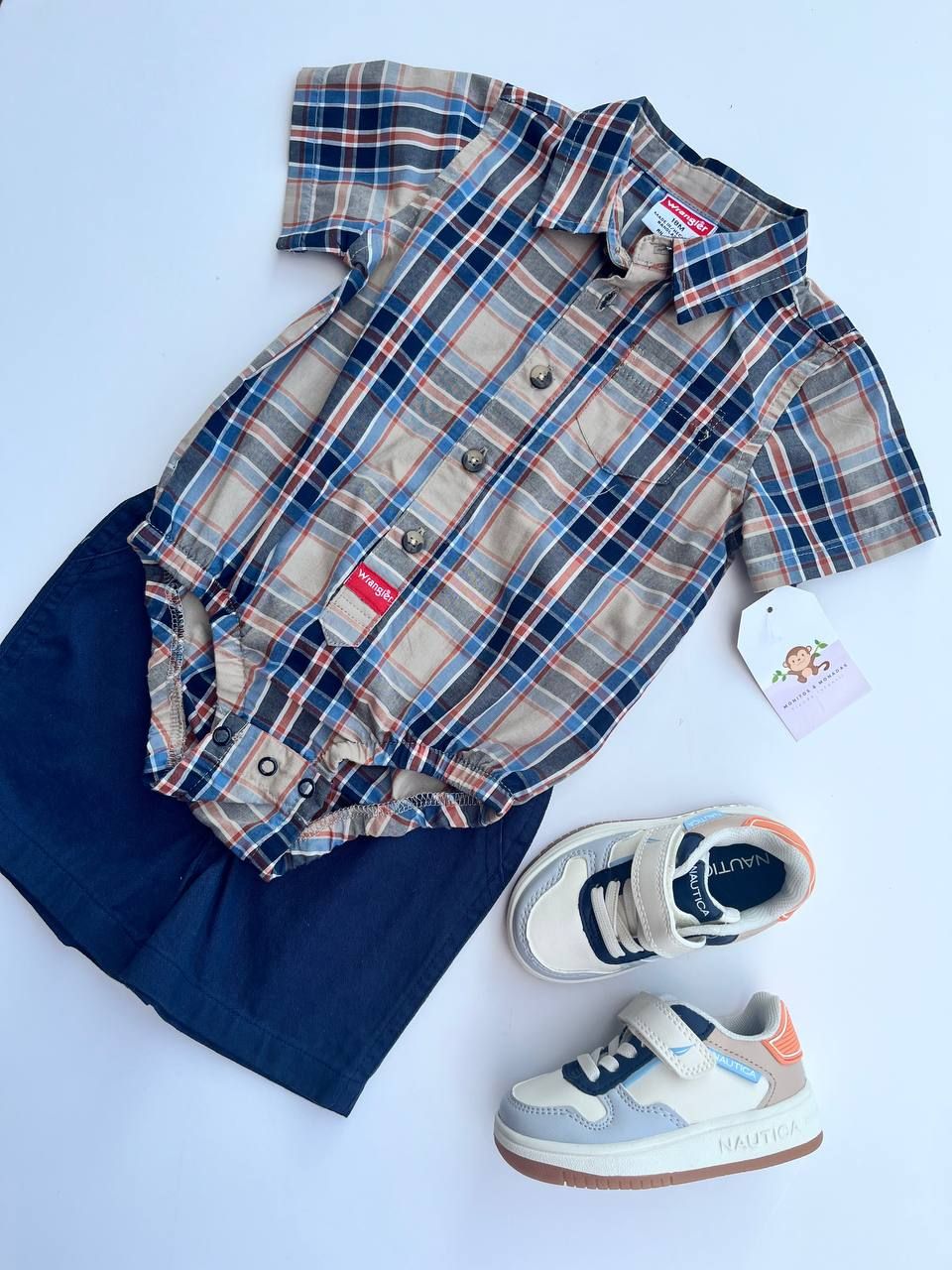 Set Wrangler, body de cuadros + short azul, 12m