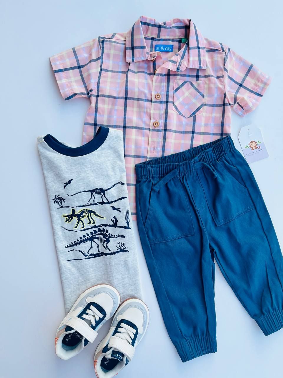 Set 3 piezas, camisa cuadros rosa + camiseta gris + pantalón azul, 12m