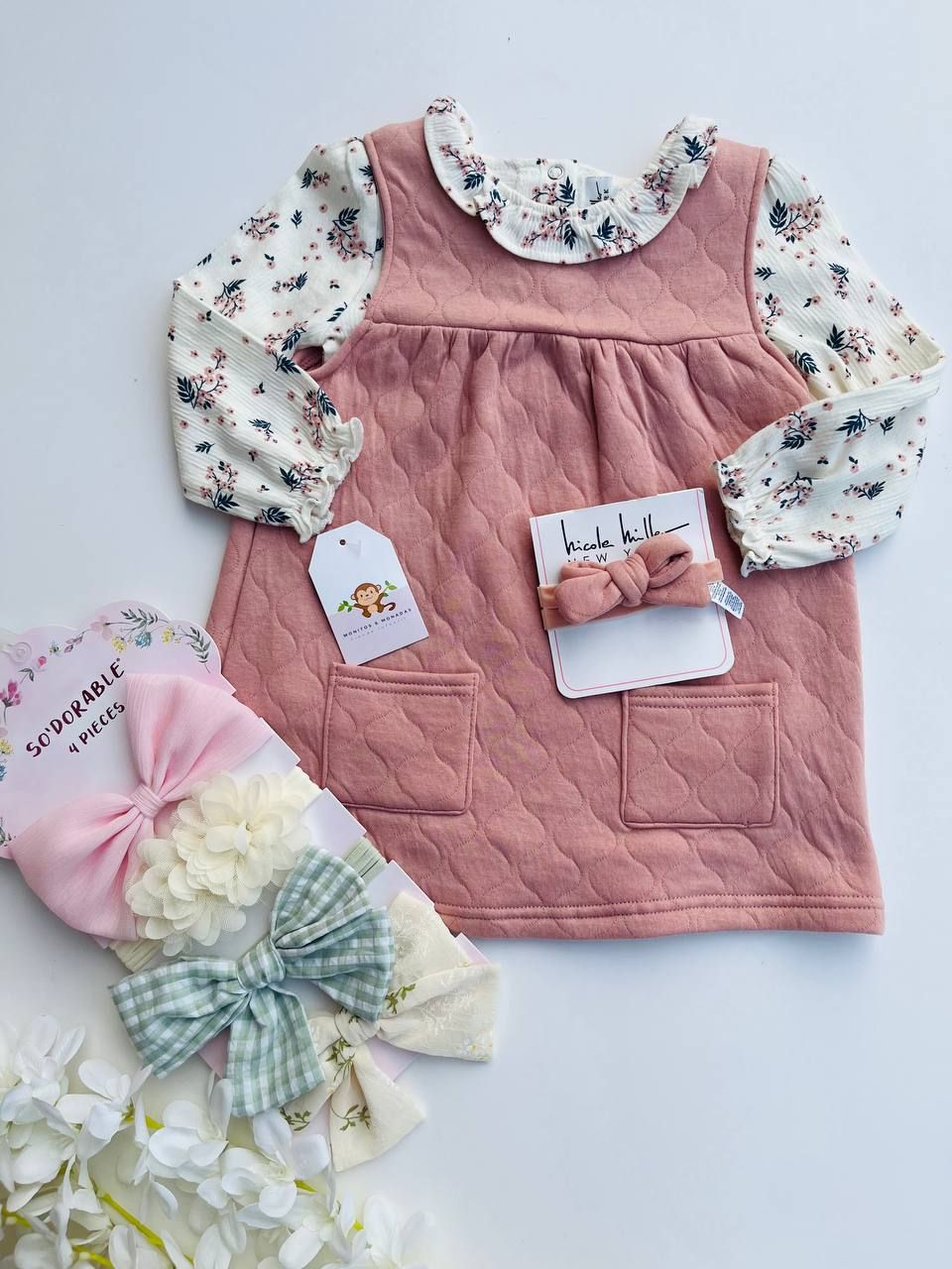Set 3 piezas Nicole Miller, body mangas largas + vestido + cintilo,  24m