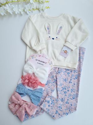 Set , busito con diseño de conejita + leggins de flores, 18 a 24m y 24 a 36 meses.