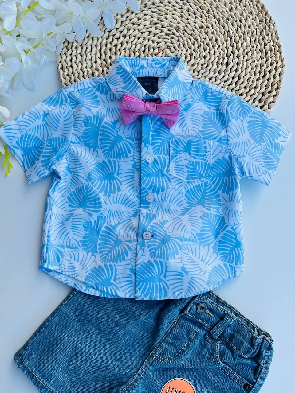 Camisa Tommy Hilfiger manga corta celeste + coratín, 12 meses