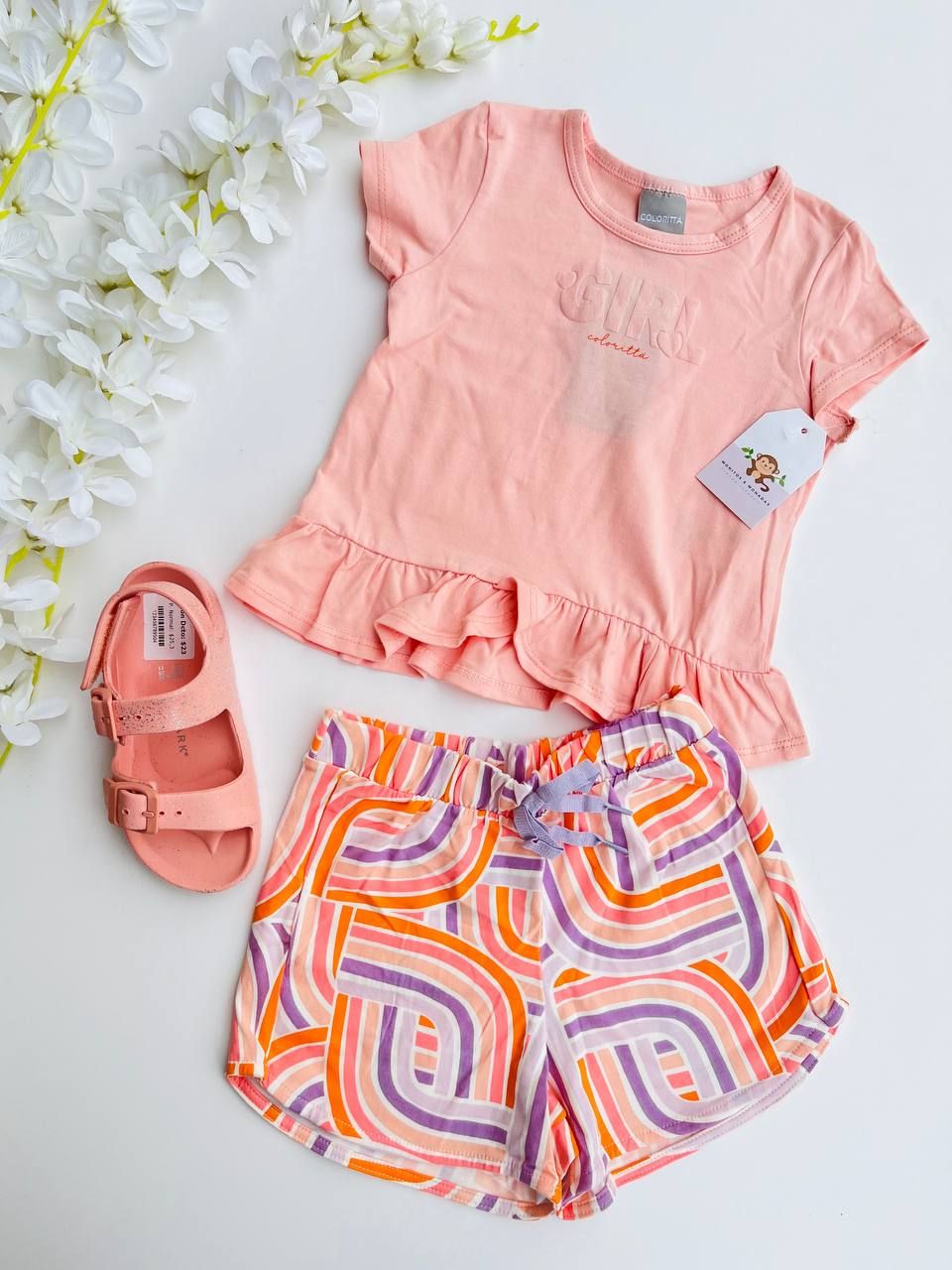 Set 2 piezas Coloritta, blusa beige + short, 2/3t