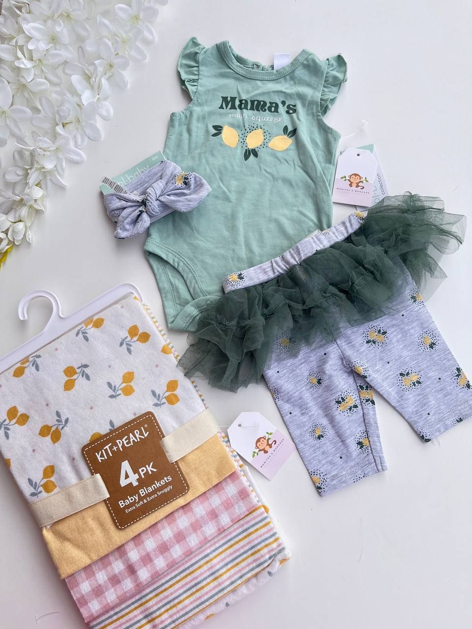 Set PL Baby, body verde + leggins tutu + cintillo + medias, 6M