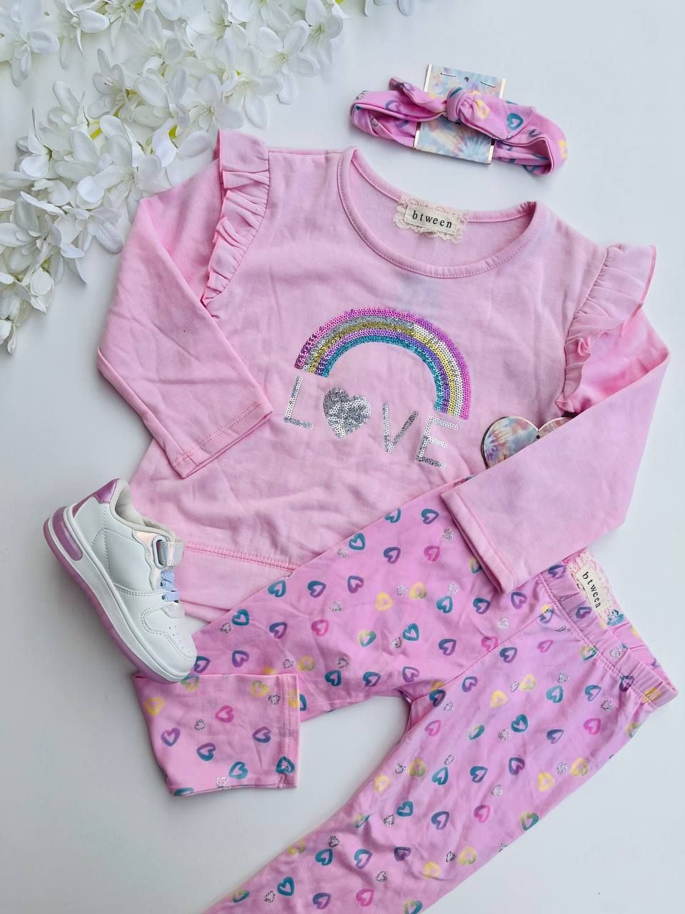 Set 3 piezas, abrigo rosa arcoíris + leggins + cintillo, 4T