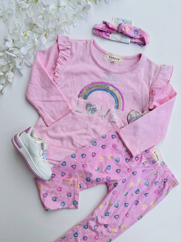 Set 3 piezas, abrigo rosa arcoíris + leggins + cintillo, 4T