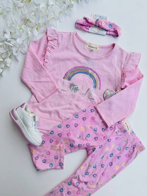 Set 3 piezas, abrigo rosa arcoíris + leggins + cintillo, 4T