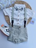 Hermoso set 4 piezas, body + short + tirantes + corbatín, 18 a 24m