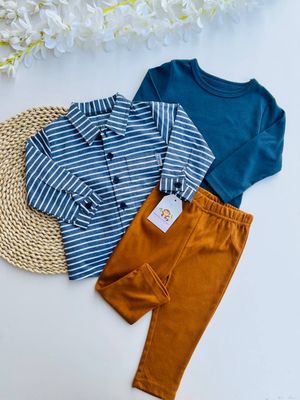 Set 3 piezas, camisa manga larga rayas azules + busito azul + pantalón caqui, 12 a 18 meses