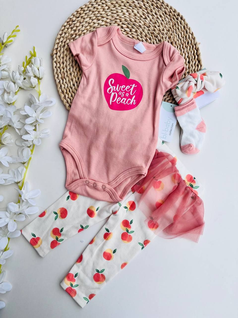 Set 4 piezas Pl Baby, body + leggins con tutú + cintillo + medias, 3m, 6m, 9m, 12m
