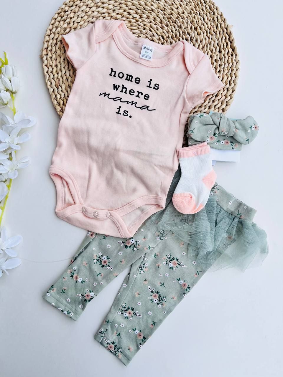 Set 4 piezas PL Baby, body + leggins con tutú + cintillo + medias, 3m, 6m, 9m, 12m
