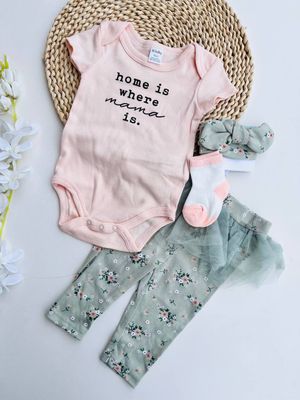 Set 4 piezas PL Baby, body + leggins con tutú + cintillo + medias, 3m, 6m, 9m, 12m