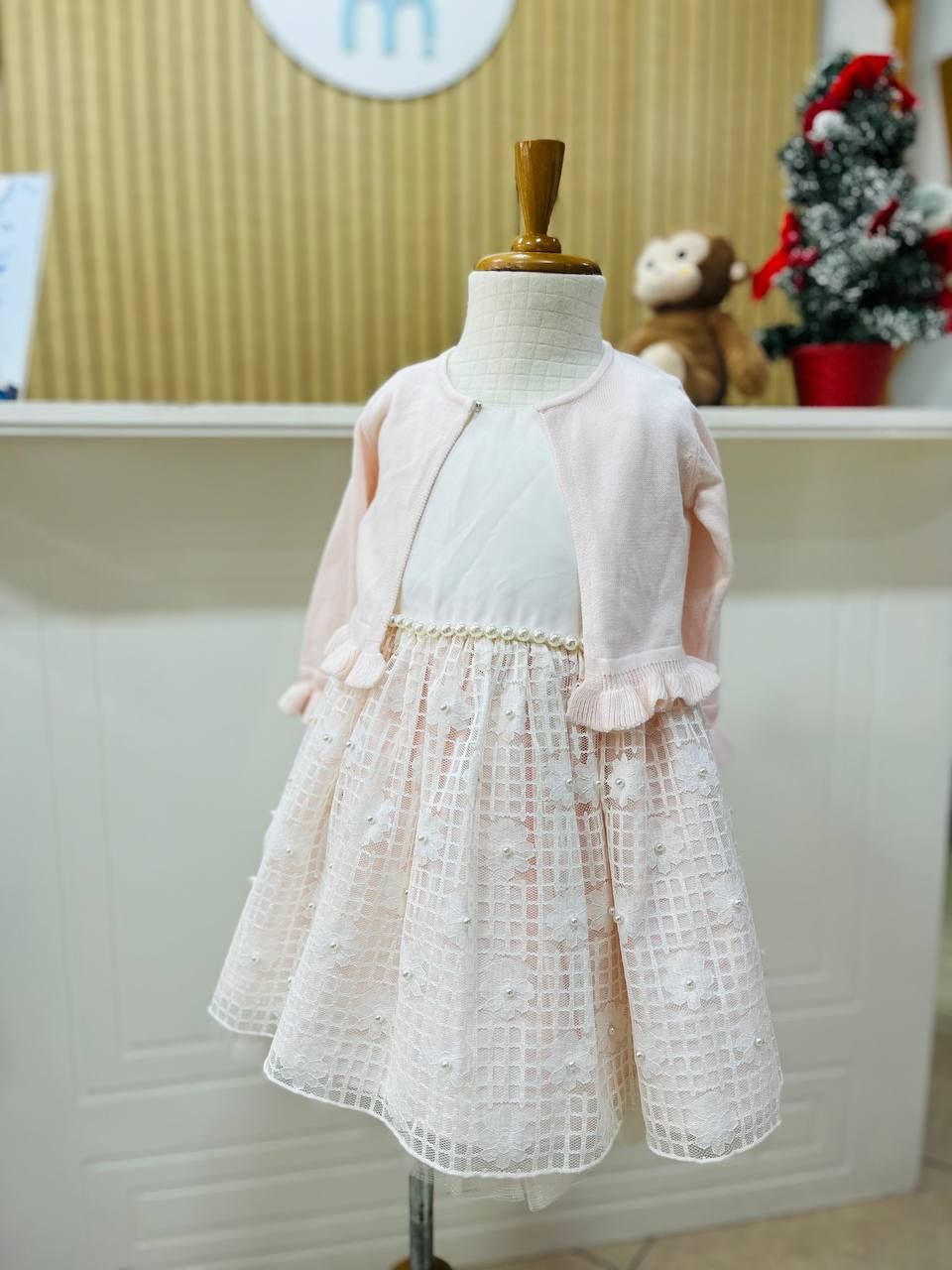 Vestido Princess, palo de rosa aperlado + cardigans, 2 años