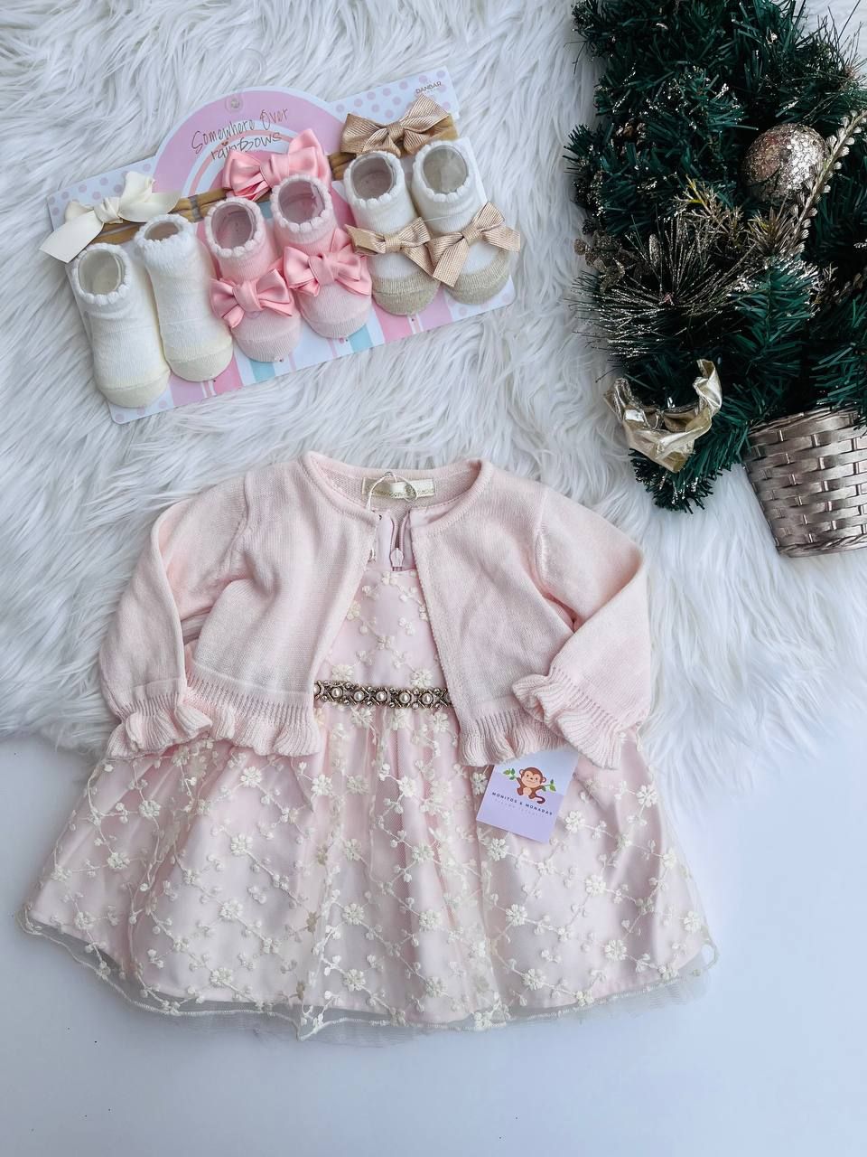 Vestido American Princess, rosado con flores blancas + cardigans rosado, 3 a 6m