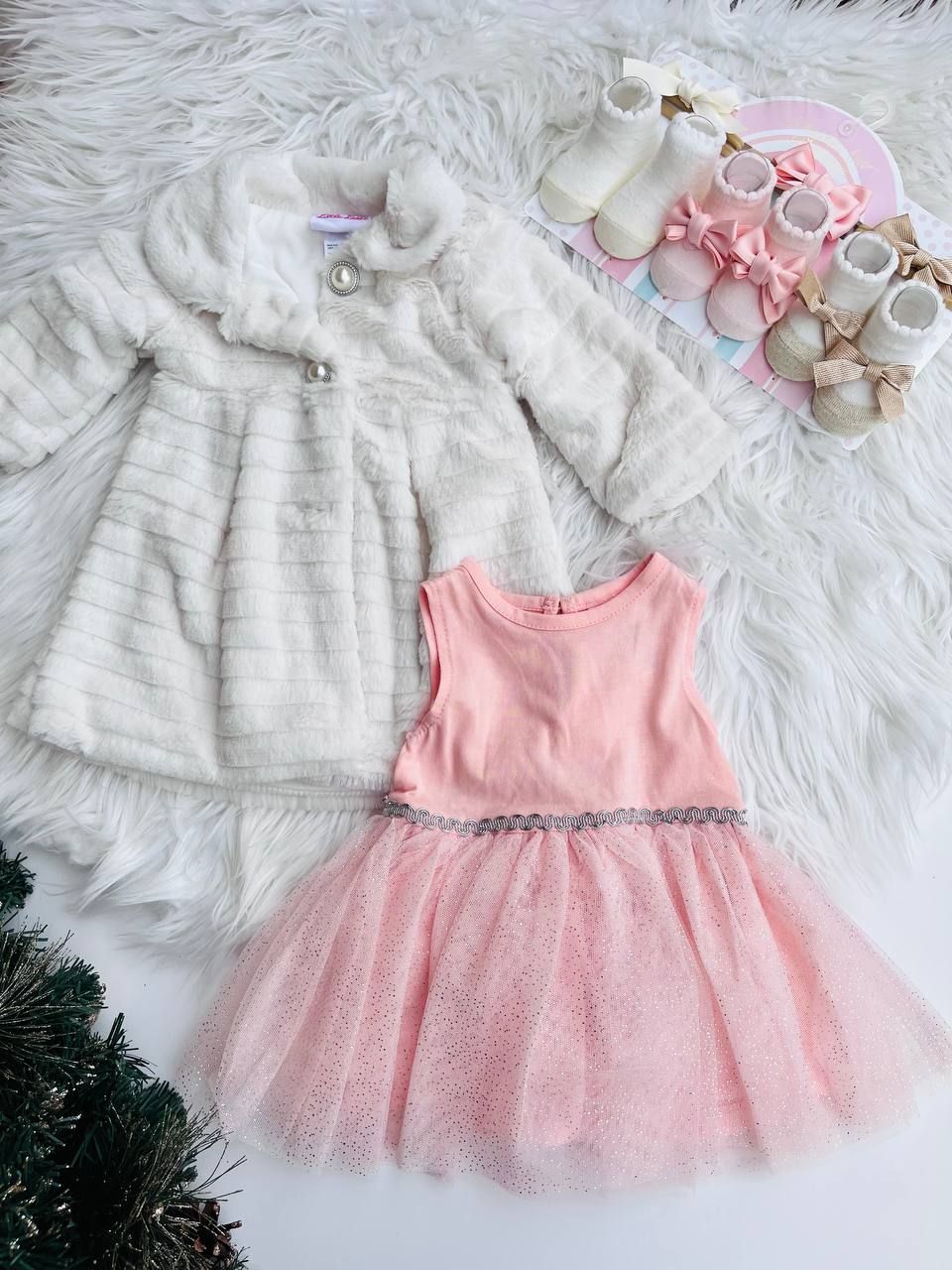 Vestido Little Lass, rosado + cintillo + abrigo largo blanco, 3/6m
