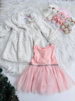 Vestido Little Lass, rosado + cintillo + abrigo largo blanco, 3/6m