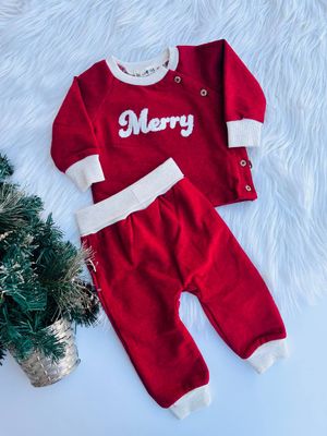 Set navideño  Rabbit Bear, busito + pantalón rojo - beige, 3 a 6m y 6 a 9m