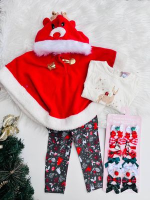 Set 3 piezas Little Lass, busito beige renito + leggins gris + poncho rojo renito, 18m