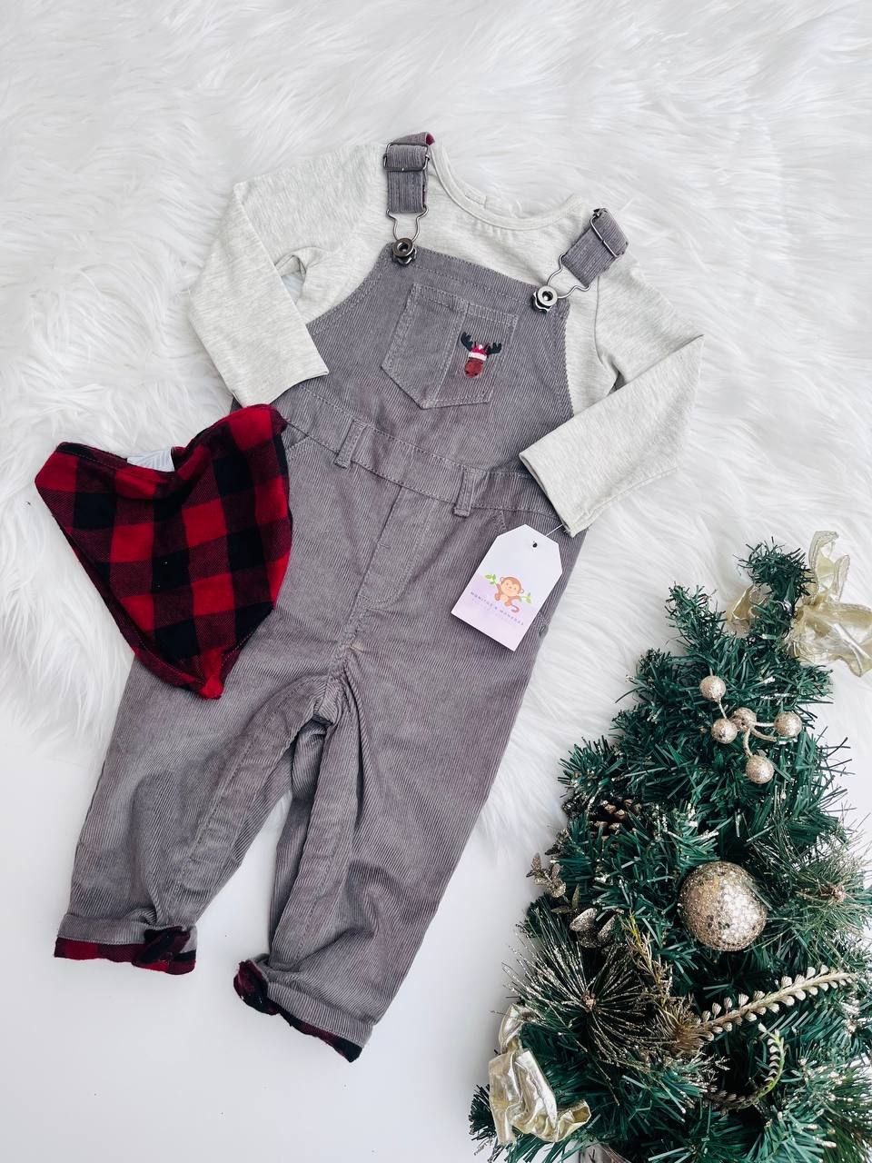 Set 3 piezas Tommy Bahama, overall gris + bodysuit + babero, 6 a 9 meses