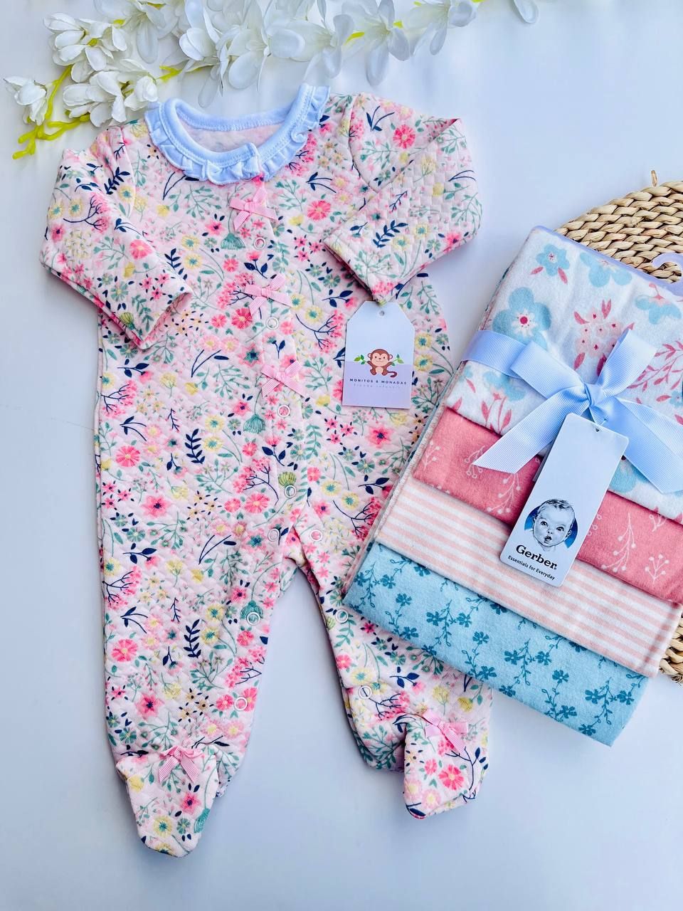 Monito Bon Blues, flores azules, 0/3m, 3/6 y 6/9m