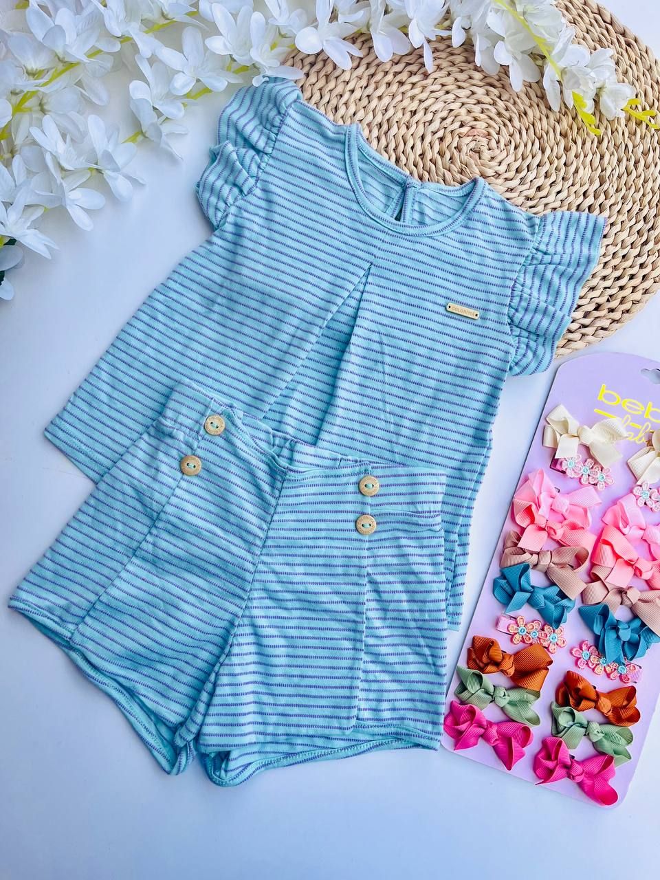 Set Coloritta, blusa y short celeste, 12m, 2t