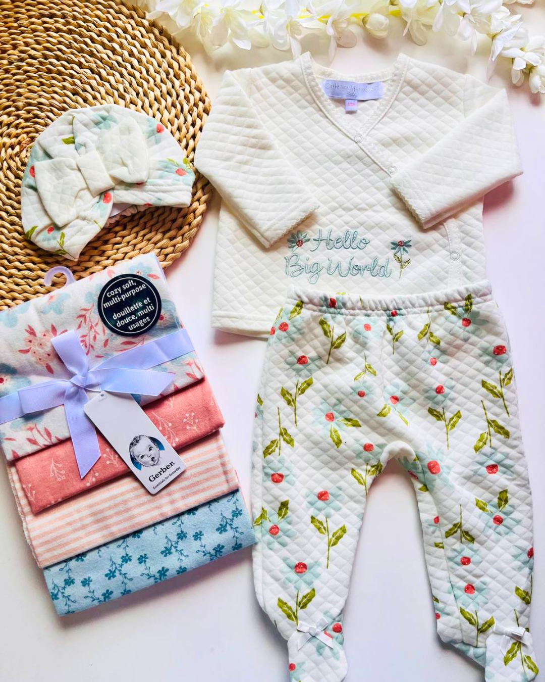 Set Catherine Malandrino, busito + pantalón + turbante, 3 a 6m