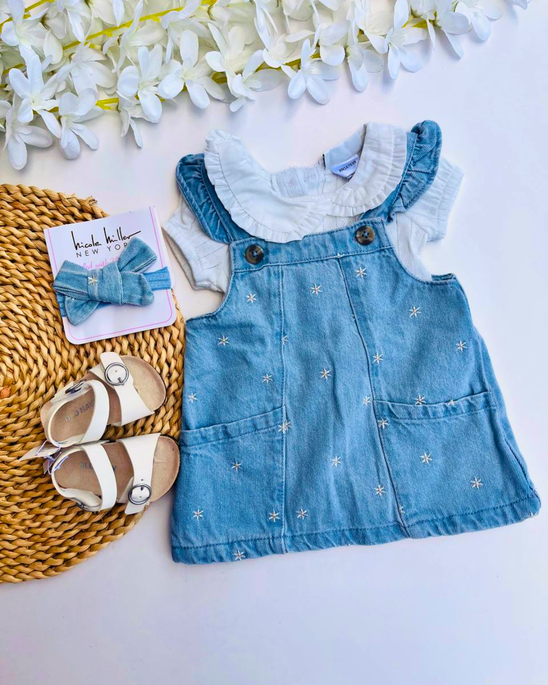 Set Nicole Miller, vestido jean + body + cintillo, 0/3m