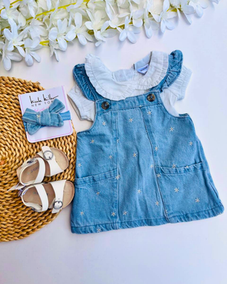 Set Nicole Miller, vestido jean + body + cintillo, 0/3m