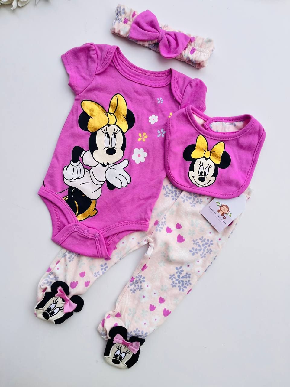 Set 4 piezas Minnie, body + pantalón + babero + cintillo, 0 a 3m