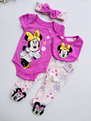 Set 4 piezas Minnie, body + pantalón + babero + cintillo, 0 a 3m