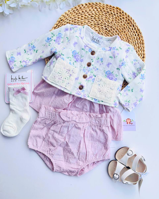 Set Nicole Miller, blusa + short + busito + medias, 6 a 9m y 24m