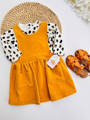 Set 2 piezas, body animal print + vestido mostaza, 12m